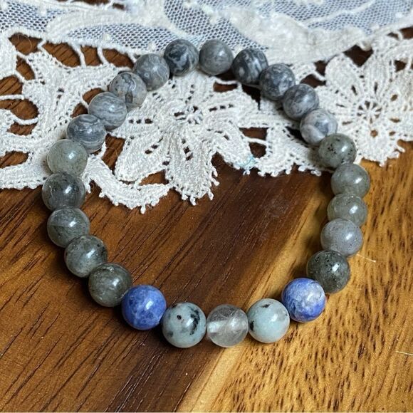 MAP JASPER & LABRADORITE with blue ombre handmade crystal bracelet large 8” - Picture 1 of 1